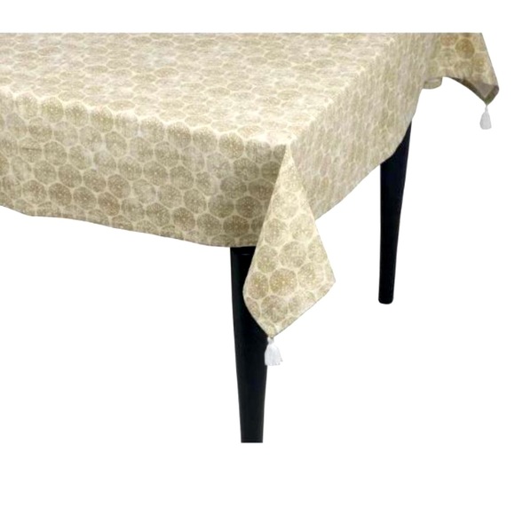 Threshold Beige Distressed Medallion Linen Blend Tassels Table Throw 50" x 50" - Picture 3 of 9